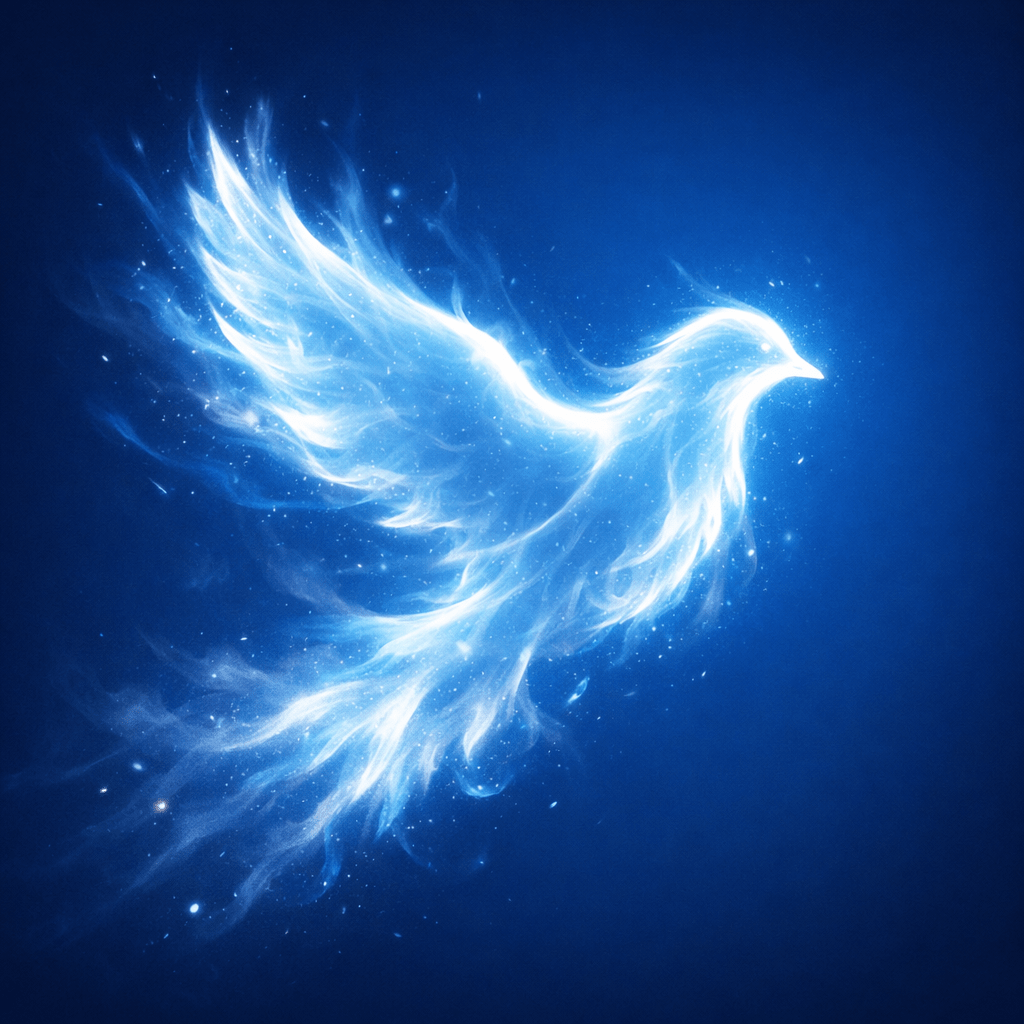 A glowing white bird with flowing wings spreading light against a dark blue backdrop