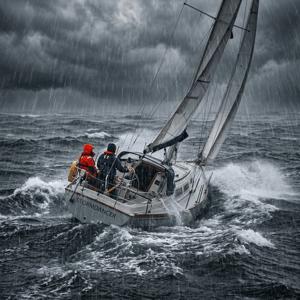 Two sailors steering Stormdancer through rough waves during a storm